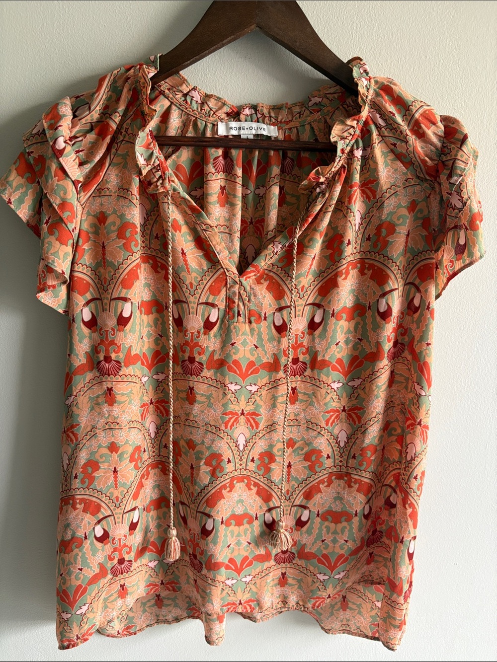 Rose + Olive Boho Paisley Ruffle Sleeve Tassel Tie Blouse Large